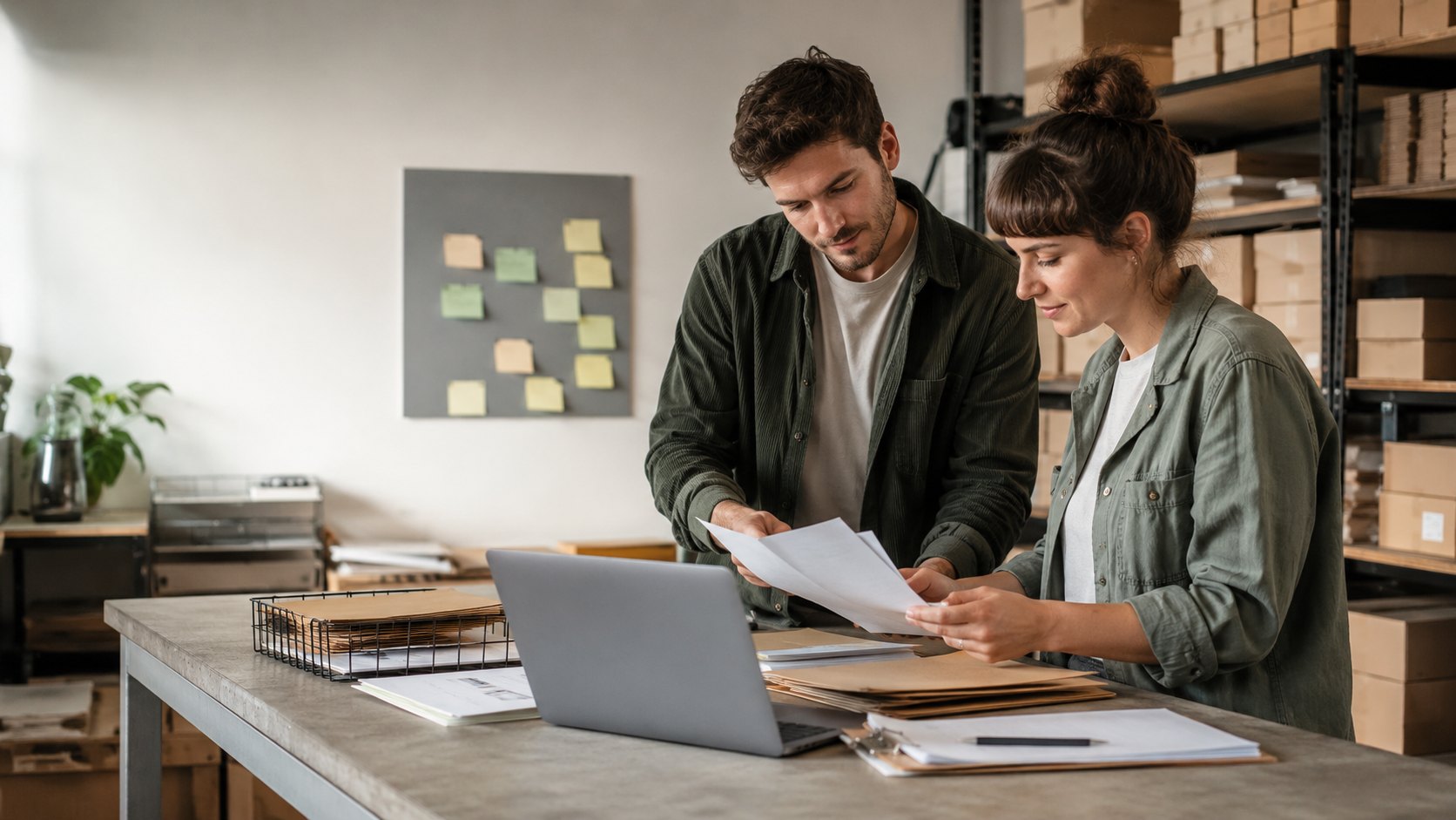 Two small business people reviewing workflow documents together in a calm workspace.