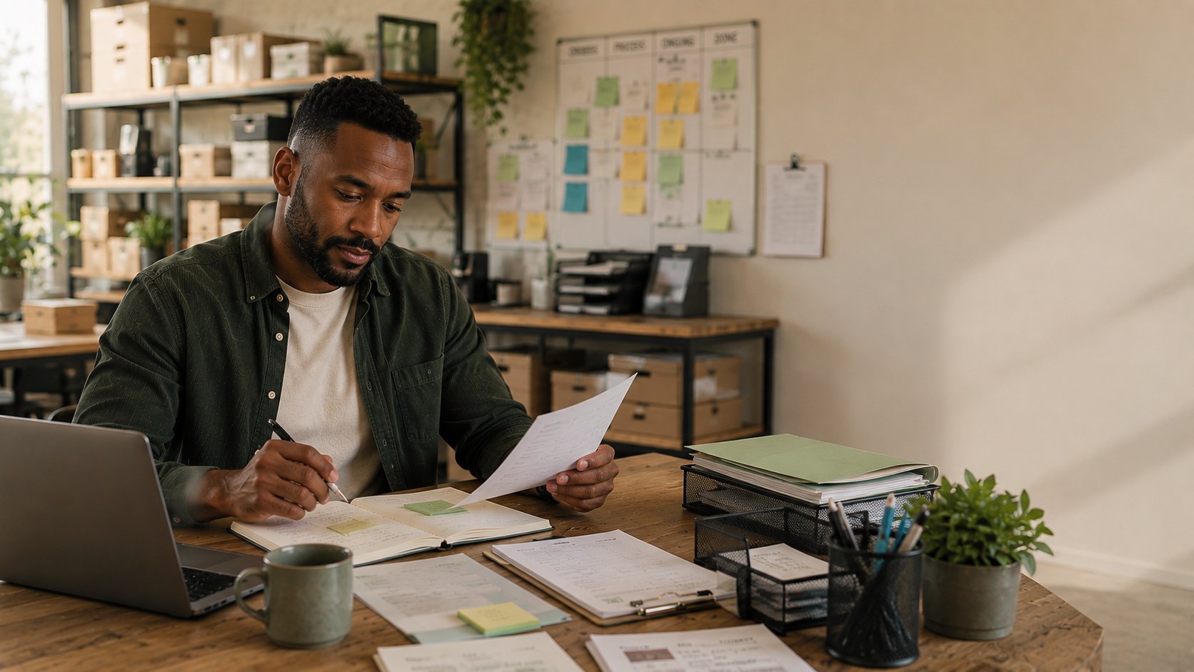 Small business owner reviewing workflow notes, documents and a laptop in a warm workspace.
