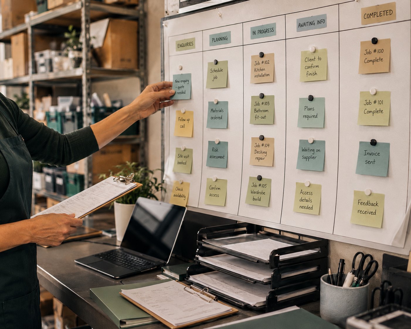 A warm business workflow board with written notes and process planning.