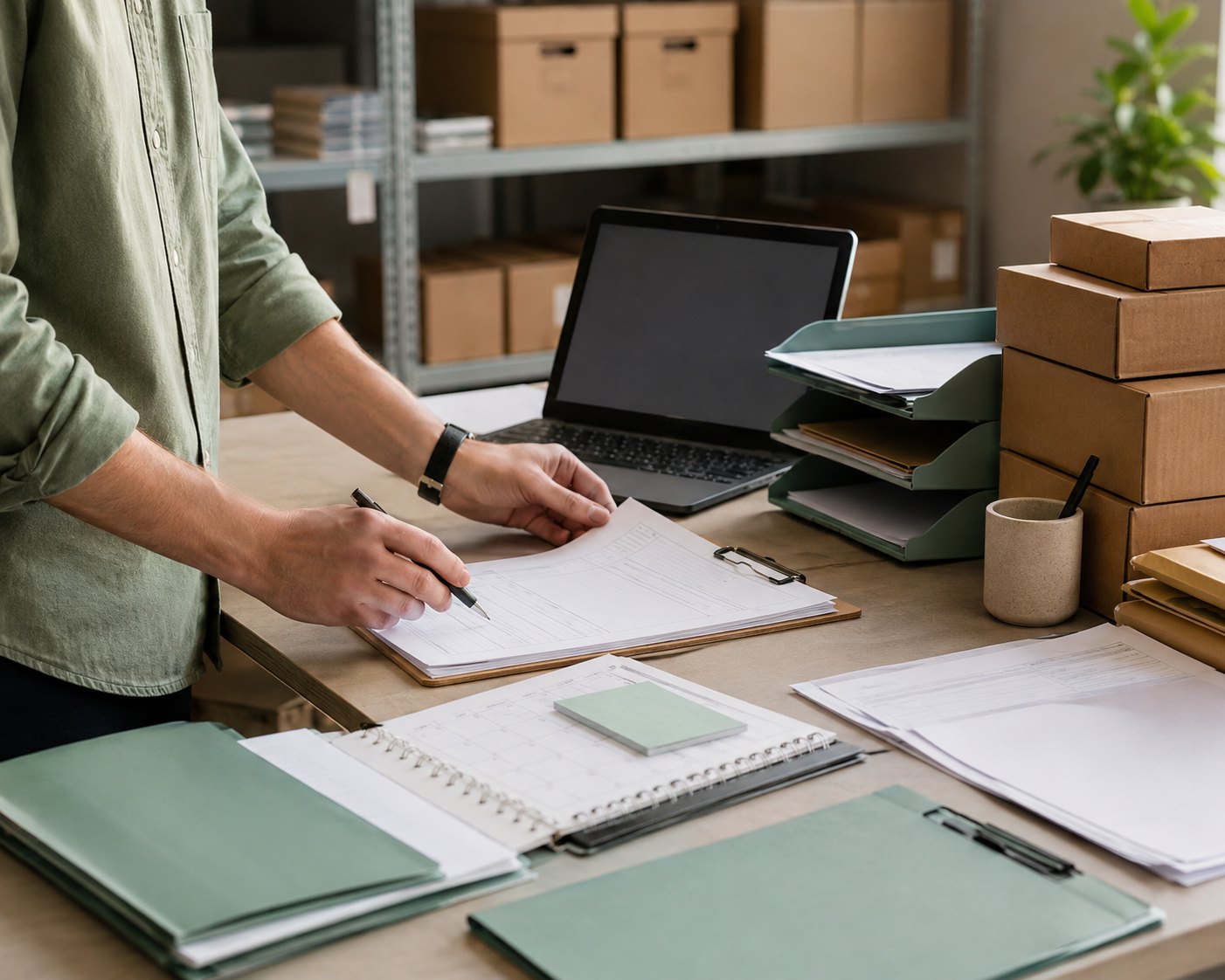 Business admin workspace with planner, papers and laptop arranged for workflow planning.
