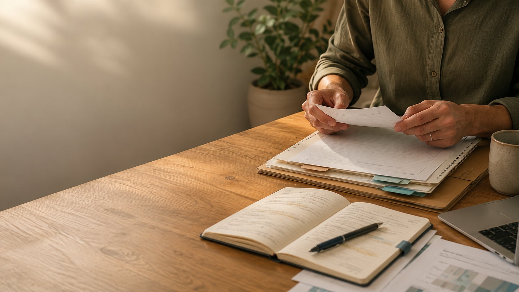 Person reviewing organised documents, categories and notes.