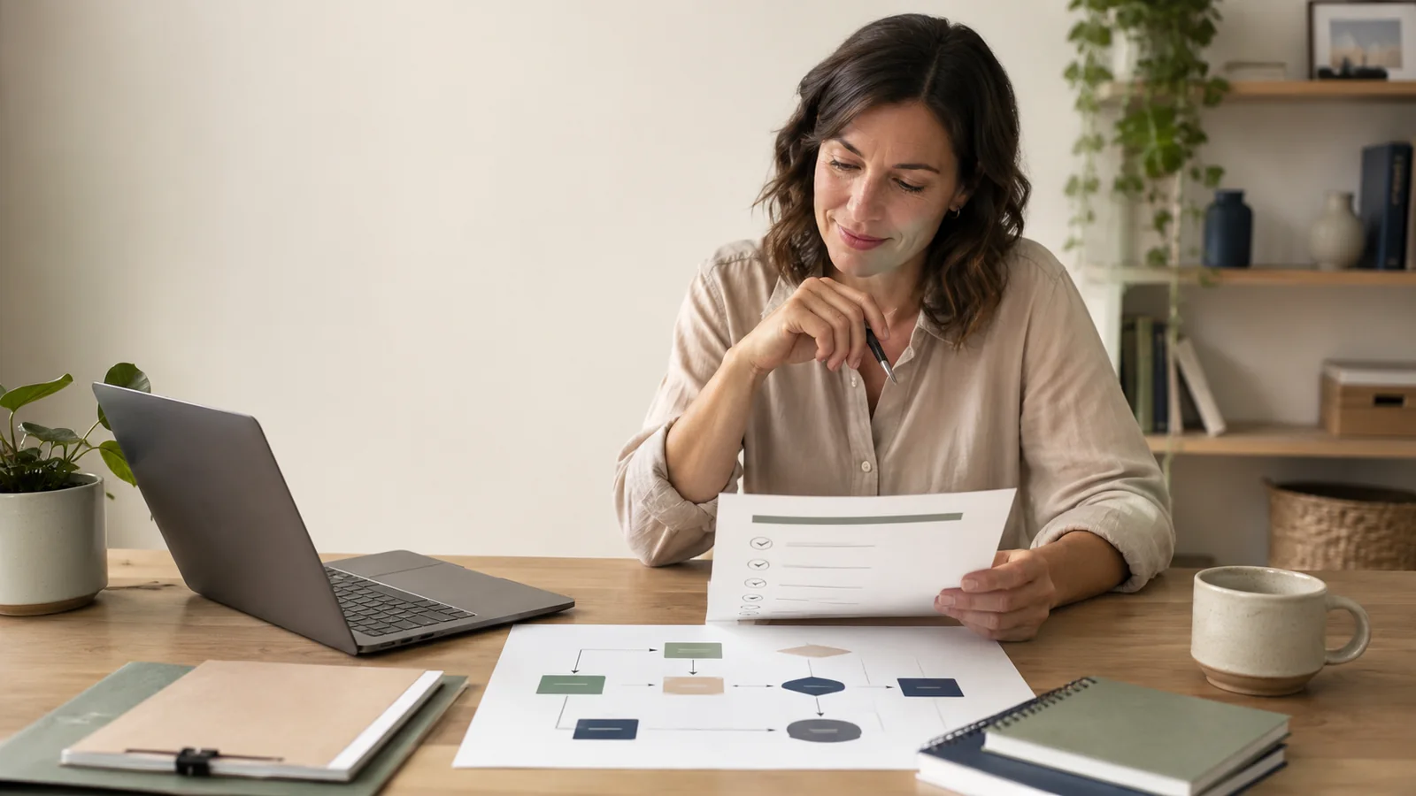 Small business owner reviewing a workflow plan beside a laptop in a calm workspace.
