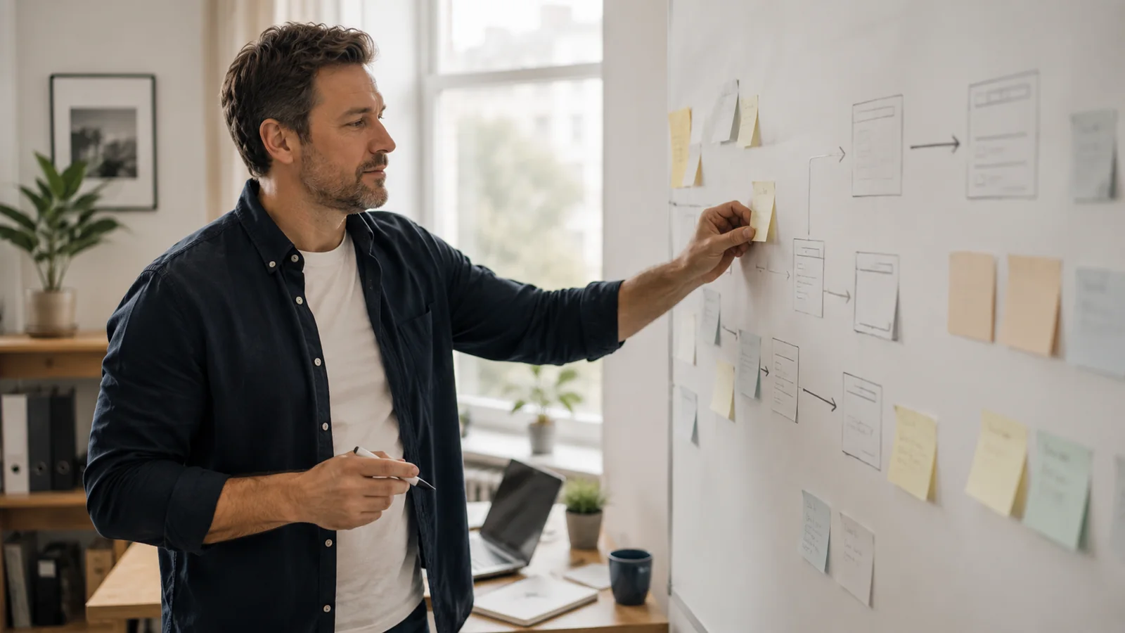 Business owner mapping a workflow on a wall with notes and process stages.