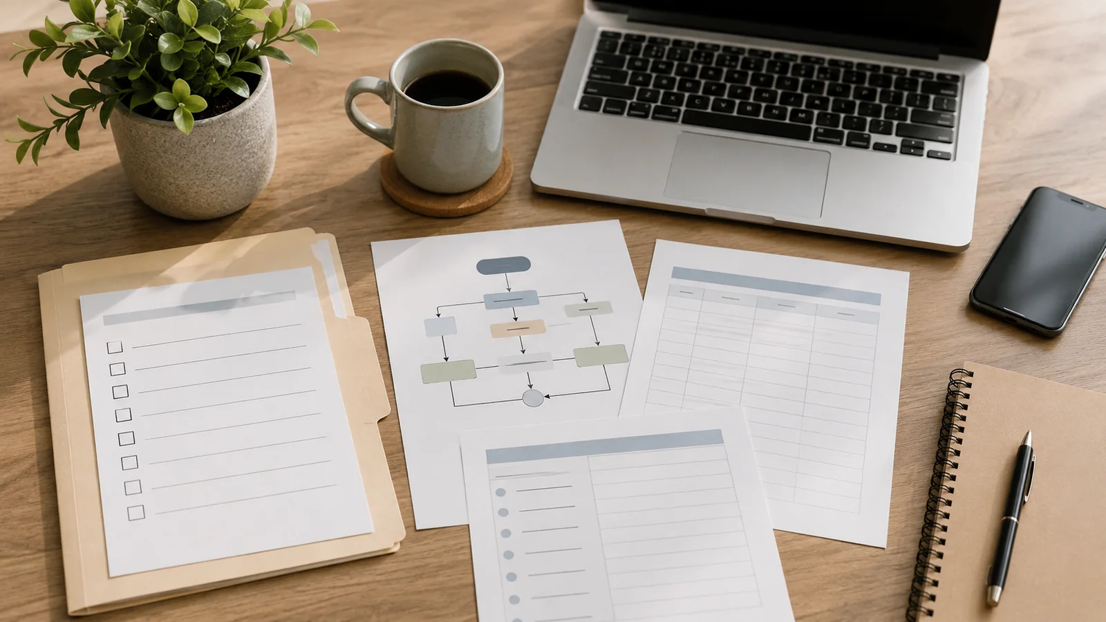 Organised business documents, a process map and a laptop on a workspace.
