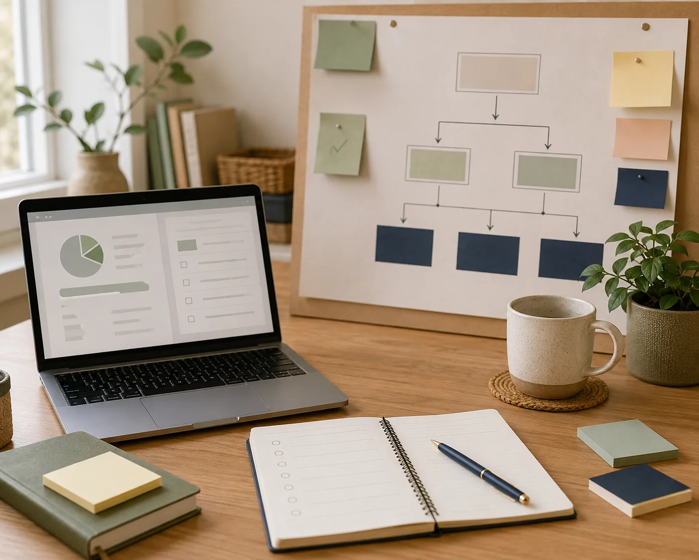 Laptop, process flowchart and working notes in a calm office workspace.