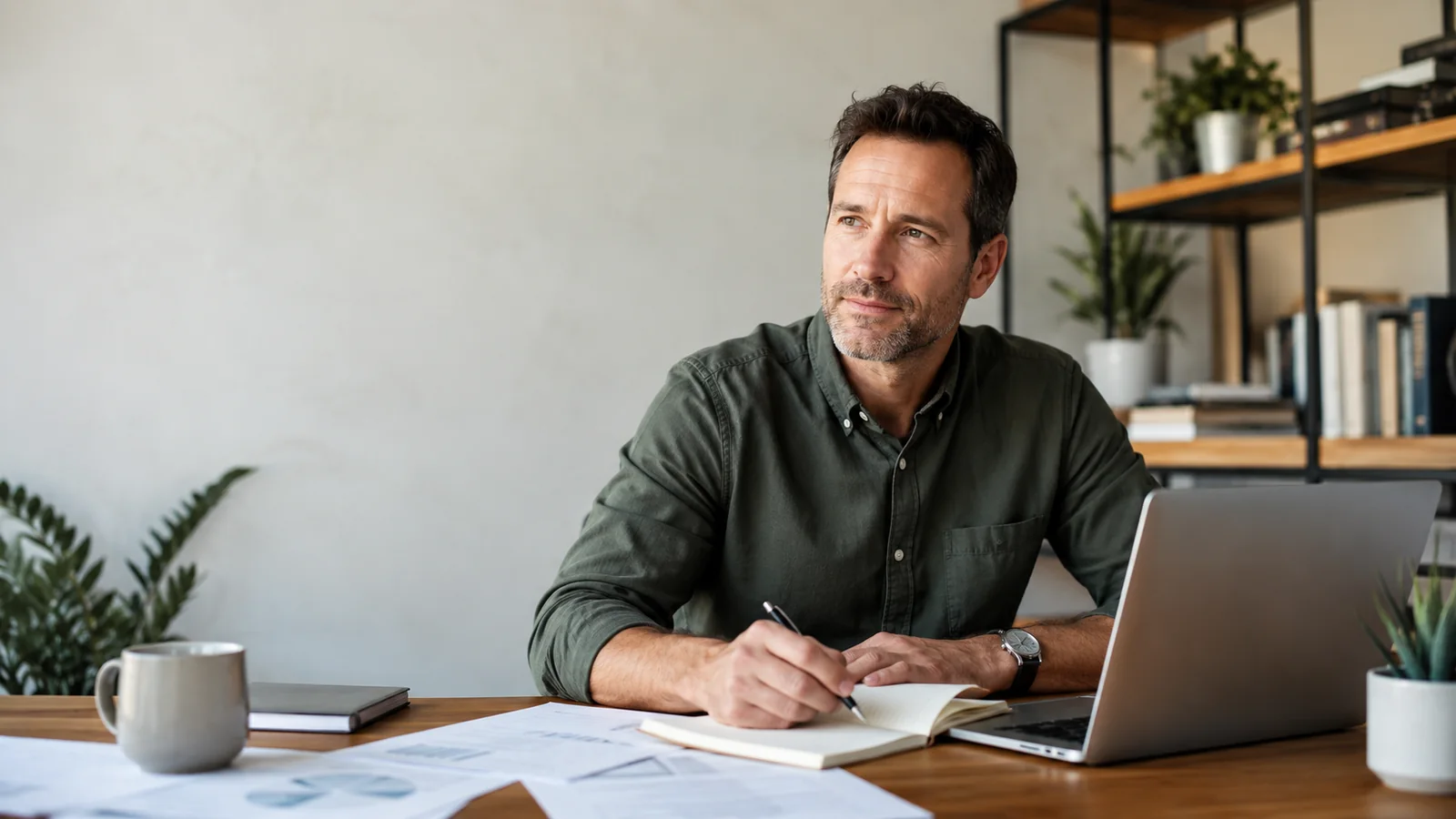 Business owner reflecting beside working notes and a laptop.