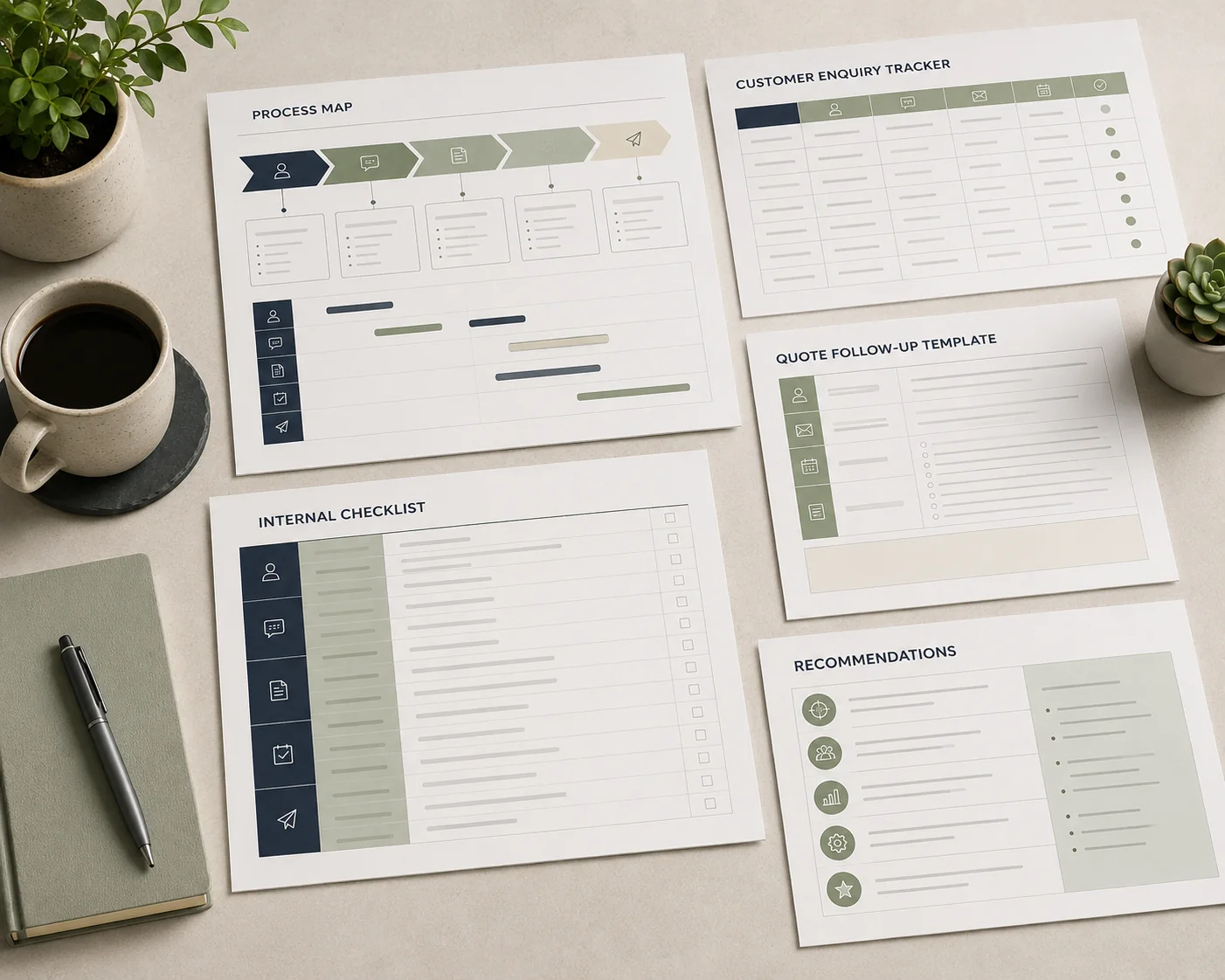 Business templates, checklists and follow-up documents arranged on a desk.