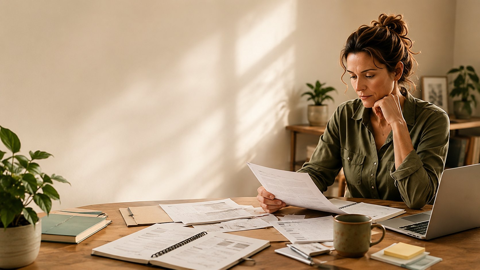 A calm workspace with documents, notebook and laptop being brought into order.
